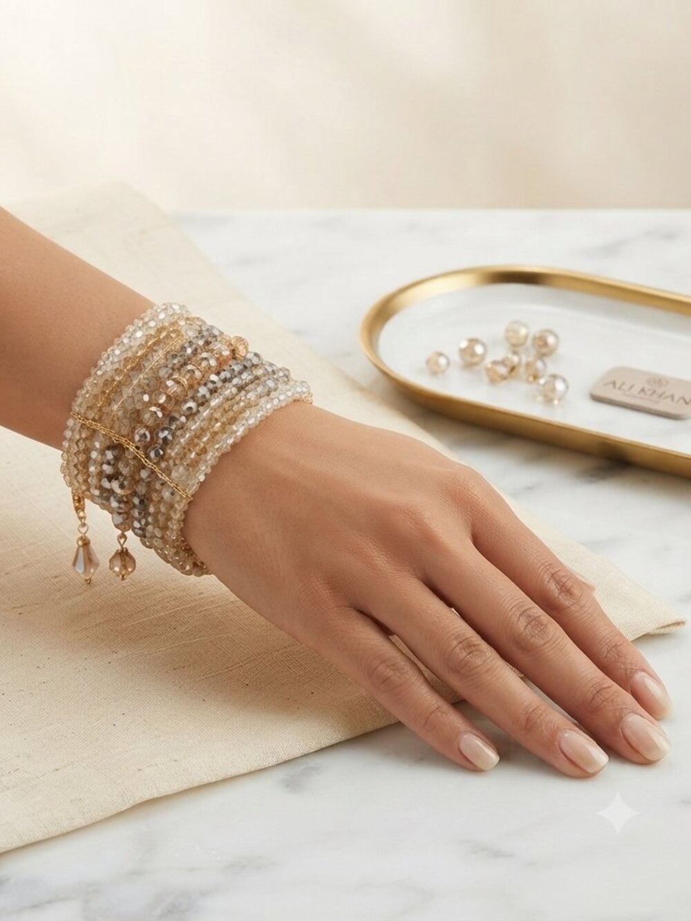 Ali Khan 11-Row Beaded Champagne Crystal Statement Cuff Bracelet – 3" Diameter